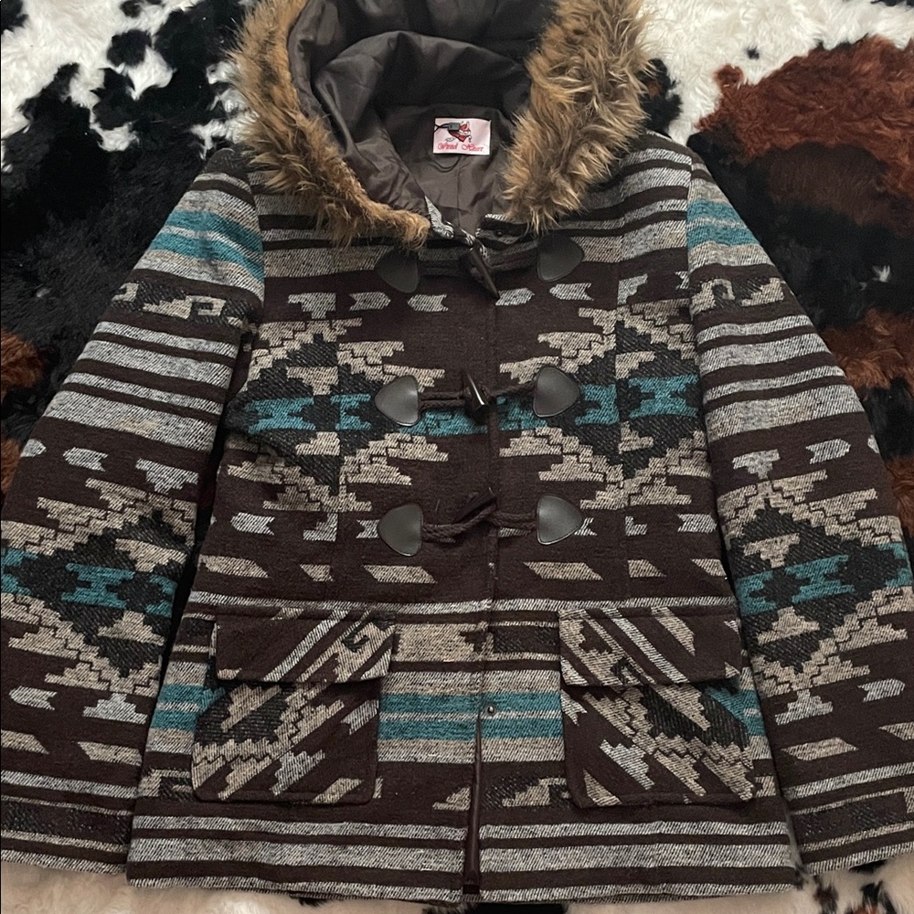 Tribal Patterned Hooded Coat with Faux Fur Trim